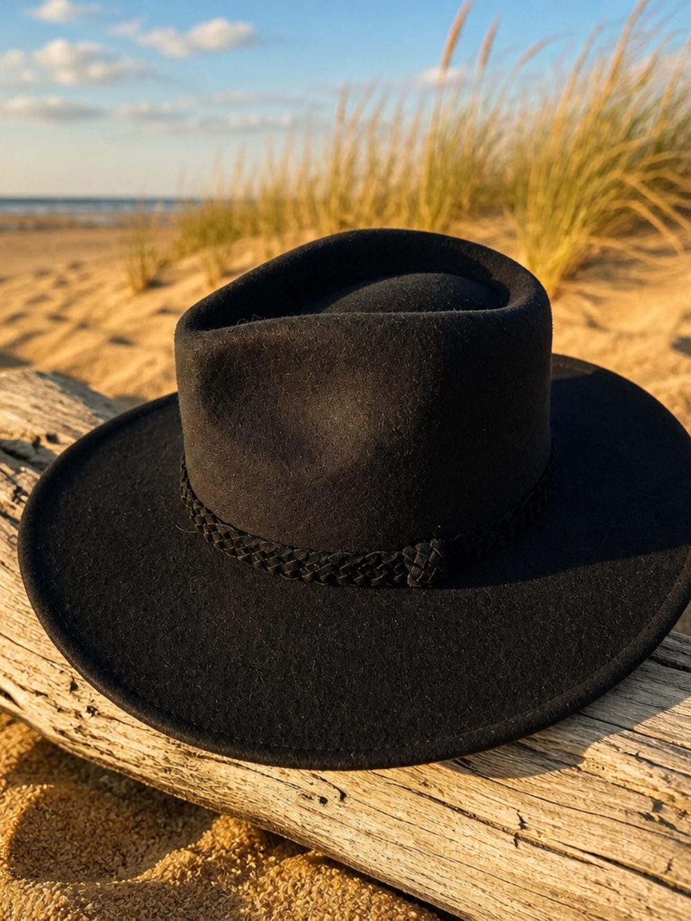 Black Wide-Brim Felt Fedora with Braided Band